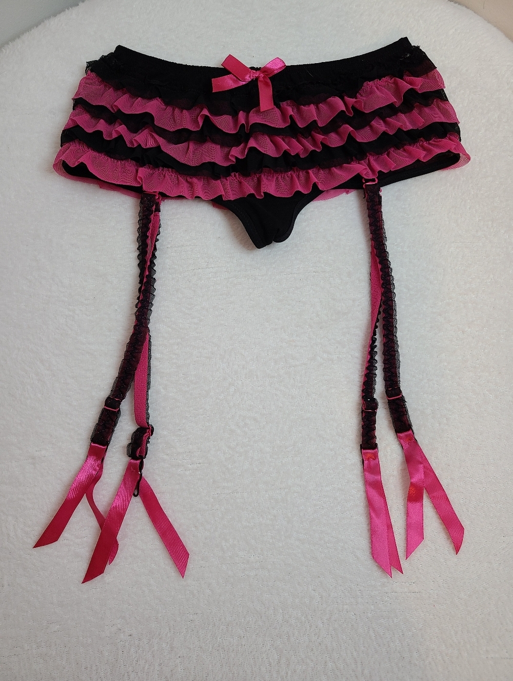 Y2K Vintage Native Intimates Sexy Ruffle Mesh Garter Panty Size Lg Pink & Black